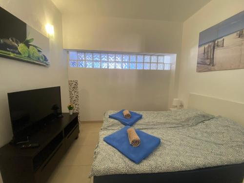Un dormitorio con una cama con toallas azules. en Casa Gran Danés, en Santa Cruz de Tenerife
