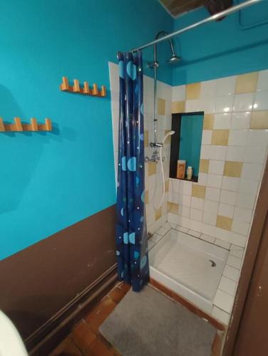 La salle de bains est pourvue d'une douche avec un mur bleu. dans l'établissement Maison authentique avec jardin, à Briançon