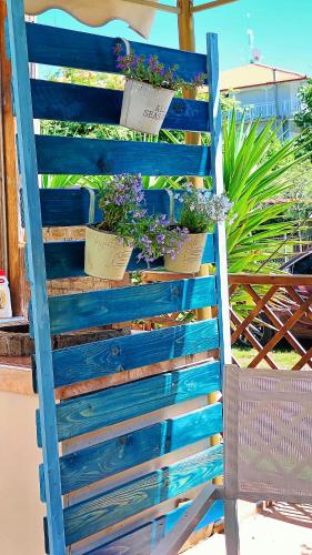 a blue fence with potted plants on it at Garden House Katerina in Leptokaria