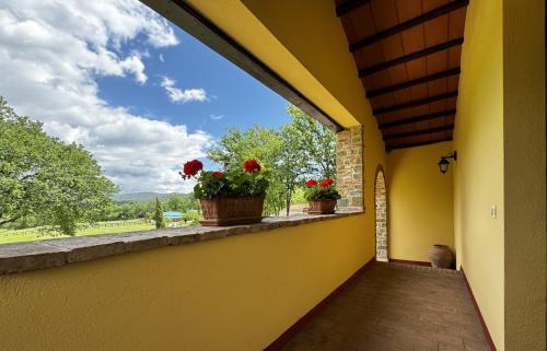 a balcony with flower pots on a yellow wall at Agriturismo LeGi Toscana in Pietraviva