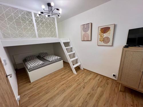a bedroom with a bunk bed and a ladder at Sušilova 14 apartments II in Přerov