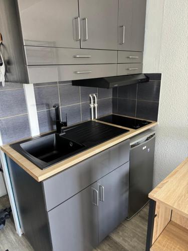 una cucina con lavello e armadietti in acciaio inossidabile di Studio Arc 1600 ad Arc 1600