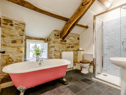 ein Badezimmer mit einer roten Badewanne und einem WC in der Unterkunft 4 bed in Aberporth 79046 in Pont Hirwaun