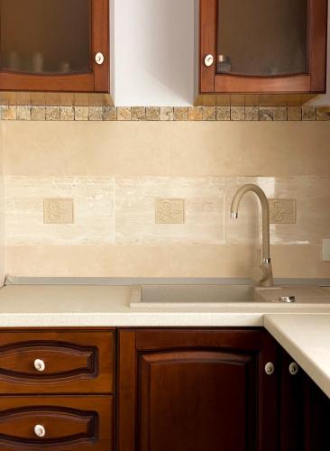 a kitchen with a sink and wooden cabinets at B residence - Apartment B in Iaşi