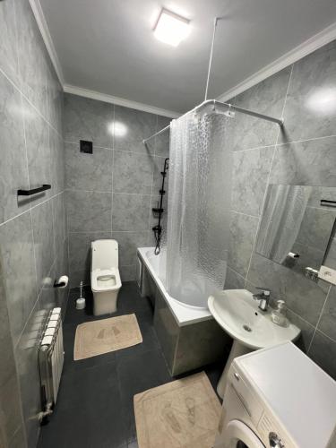 ein Bad mit einem Waschbecken, einem WC und einer Dusche in der Unterkunft Ашык Тобе in Almaty