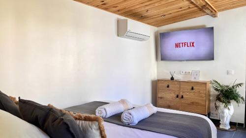 ein Schlafzimmer mit einem Bett und einem TV an der Wand in der Unterkunft Magnifique Studio Indépendant Sur Mougins in Mougins