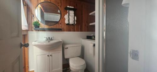 La salle de bains est pourvue de toilettes, d'un lavabo et d'un miroir. dans l'établissement The Cove Motel & Restaurant, à Aulds Cove