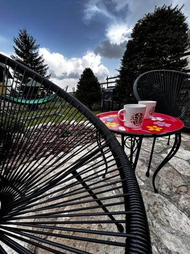 a chair with a table with a coffee cup on it at NV Mountain House in Žabljak