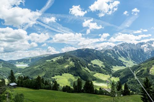 a view of a mountain range with green hills at FRÄULEIN NANNERL - Boutique Apart mit Saunahaus in Gerlos