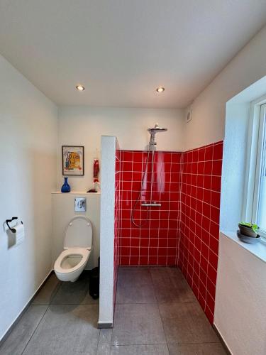 a bathroom with a toilet and red tiles at Amazing holiday apartment - Clara in Ebeltoft