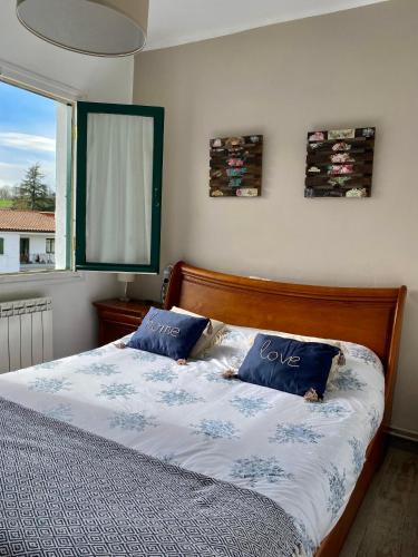 a bedroom with a bed with two blue pillows at Apartamento Elizondo Giltxaurdi in Elizondo