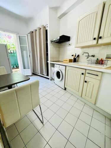 une cuisine avec un évier et une machine à laver dans l'établissement Charmant F1 terrasse ombragée, au Cannet
