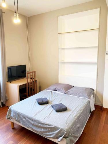 une chambre avec un lit et un bureau avec un ordinateur dans l'établissement Studio CHAGALL, à Chambéry