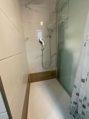 a bathroom with a shower with a shower curtain at Ferienwohnung Ella in Marktoberdorf