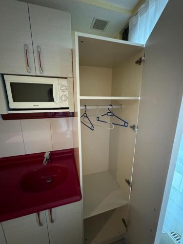 uma pequena cozinha com um micro-ondas e um lavatório em Gasthaus 210 em Zürich