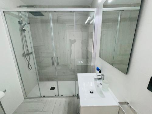 a bathroom with a shower and a white sink at Habitacion Cordoba in Benidorm