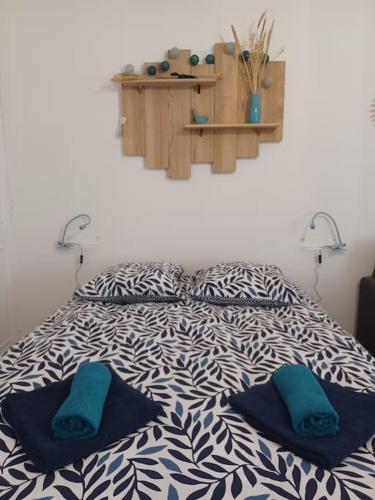 a bed with two blue pillows on top of it at Studio 28 À l'orée de l'eau in Cloyes-sur-le-Loir