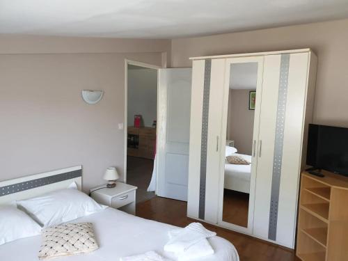 - une chambre avec un miroir, un lit et une télévision dans l'établissement Maison confortable avec jacuzzi à Mareuil-sur-Cher, à Mareuil-sur-Cher