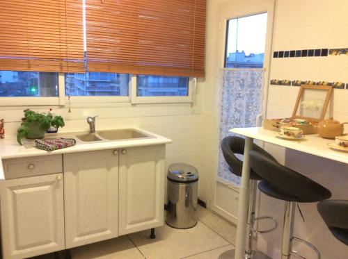 - une cuisine avec des placards blancs, un évier et 2 fenêtres dans l'établissement Spacieux 2 pièces, au Cannet