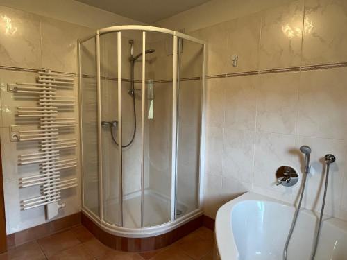 a bathroom with a shower and a tub and a sink at Rasterhof in Sillian
