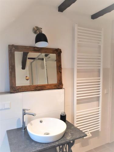 a bathroom with a sink and a mirror at Ferienwohnung Auf dem Kanstein in Langelsheim