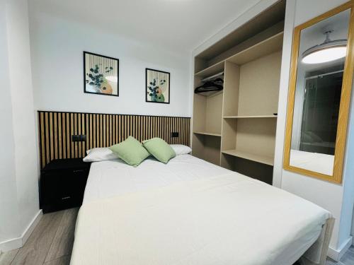 1 dormitorio con 1 cama blanca y 2 almohadas verdes en Habitacion Sevilla, en Benidorm