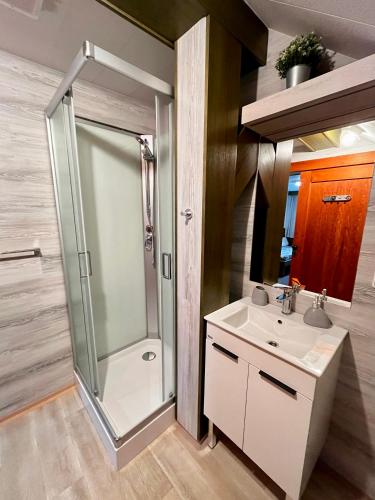 a bathroom with a shower and a sink at Penzion U Zemánků in Jablonec nad Jizerou