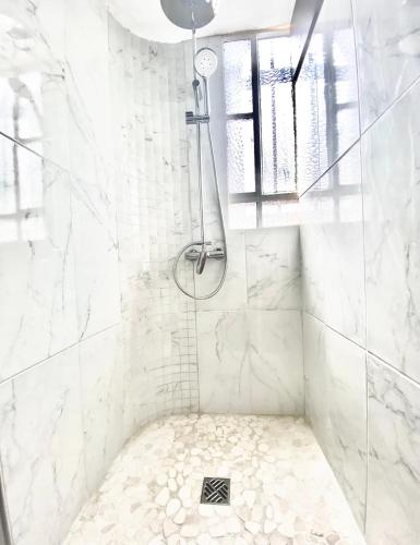 La salle de bains blanche est pourvue d'une douche avec un drain. dans l'établissement Appartement Cosy, au Cannet