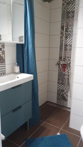a bathroom with a blue shower curtain and a sink at Landhaus Lönneberga in Lönneberga