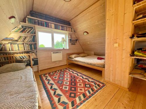 Cette petite chambre comprend 2 lits et un tapis. dans l'établissement Miguičionių sodyba, à Migučionys