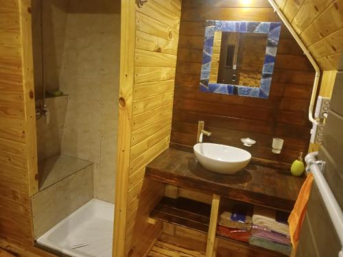 ein kleines Badezimmer mit Waschbecken und Dusche in der Unterkunft Cabaña Trapecio in San Carlos de Bariloche