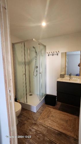 une salle de bain avec une douche, des toilettes et un lavabo dans l'établissement Maison avec 3 chambres parentales, à Plouénan