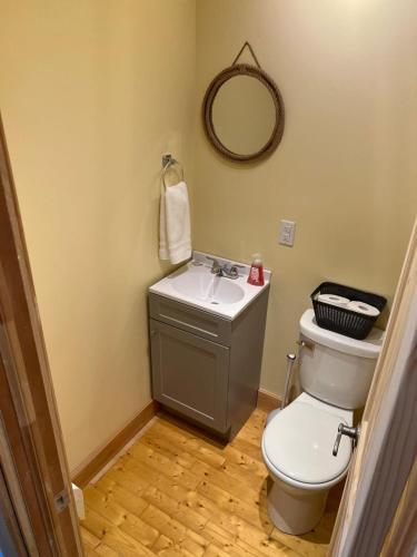 a bathroom with a toilet and a sink and a mirror at Jagged Rocks in Twillingate