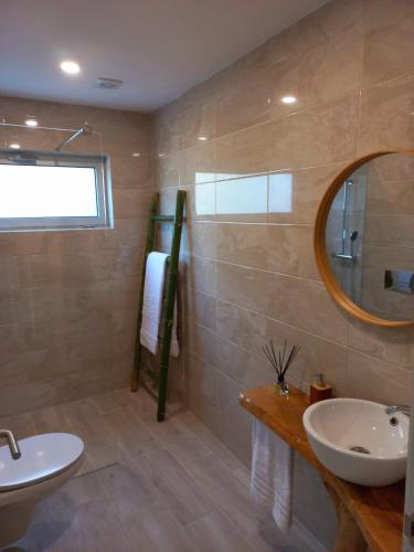 a bathroom with a sink and a mirror at Casa de Suelas in Lavradas