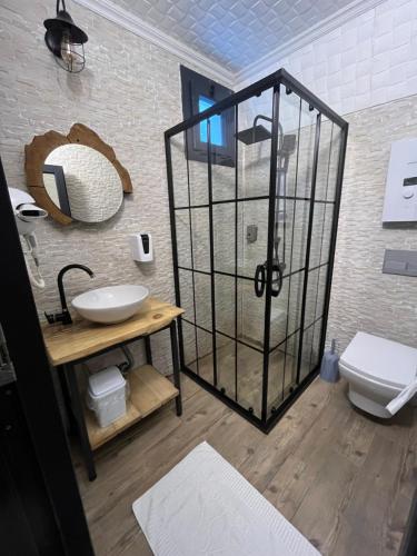 a bathroom with a glass shower and a toilet at Çınar suit bungalov in Çamlıhemşin