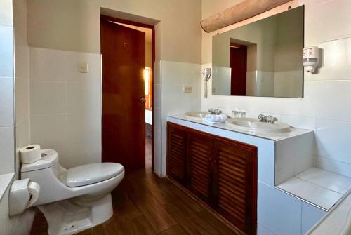 a bathroom with a toilet and a sink and a mirror at DM Hoteles Mossone - Ica in Ica