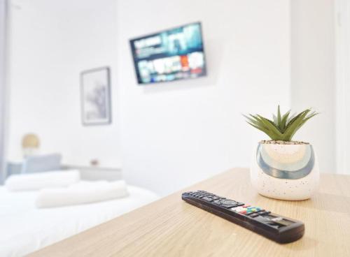 un mando a distancia sentado junto a una maceta en una mesa en Hudson House Burnley 3 Ensuite Rooms Available, en Burnley