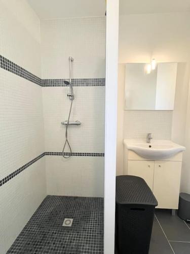 une salle de bain avec douche et lavabo dans l'établissement Maison charmante à proximité de Luçon, à Les Magnils-Reigniers