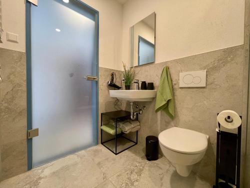 a bathroom with a toilet and a sink at Wunderschönes Apartment am Schlössle Zentrum Pforzheim in Pforzheim