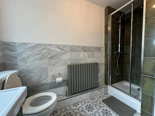 uma casa de banho com um WC e um chuveiro em Dartford Stay em Kent