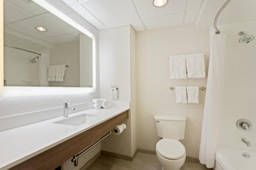 a bathroom with a toilet and a sink and a mirror at Holiday Inn Express Hauppauge-Long Island by IHG in Hauppauge