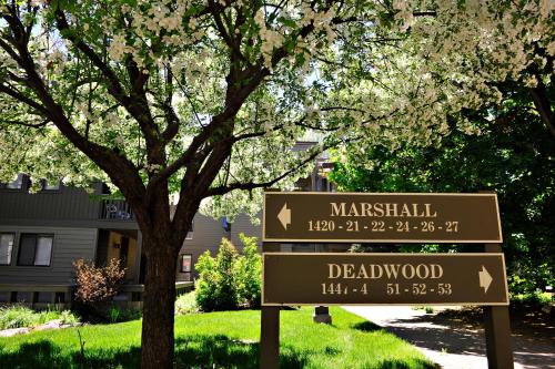 a street sign in front of a tree at Cottonwood Condo 1426 in Sun Valley