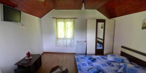 a bedroom with a bed and a table and a window at Case de vacanță Gabriel in Sovata