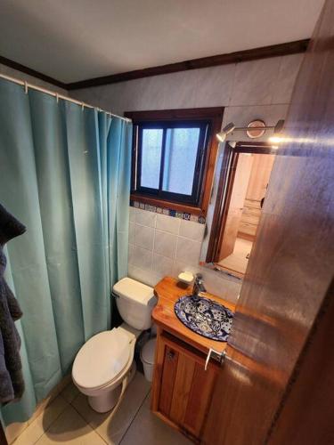 a bathroom with a toilet and a sink and a shower at Casa Algarrobo antiguo in Algarrobo