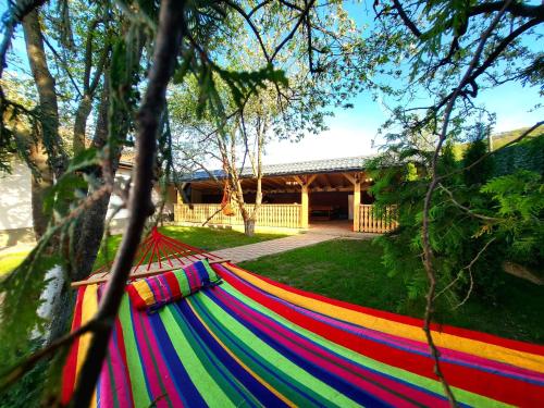 a colorful hammock in a yard with a house at La Florina in Şuncuiuş