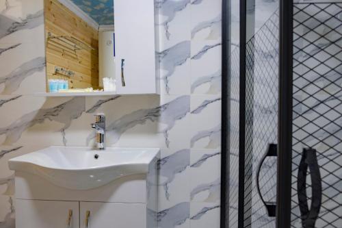 ein Bad mit einem Waschbecken und einer Dusche in der Unterkunft SkyDoor_ცისკარი in Batumi