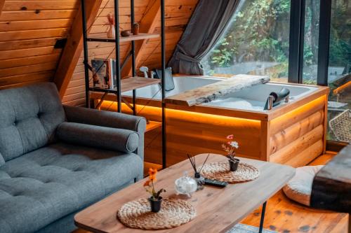 a living room with a tub in a tiny house at Bi Başka Bungalov in Ardeşen