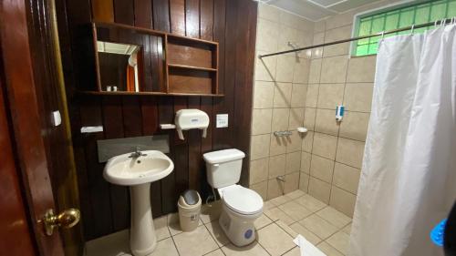 een badkamer met een toilet, een wastafel en een douche bij La Baula Lodge in Tortuguero