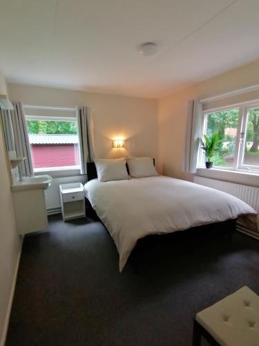 a bedroom with a large bed with two windows at Morning Glory, Huisje vogelzang in Beekbergen