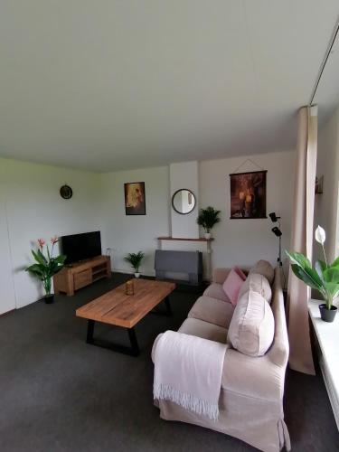 a living room with a couch and a table at Morning Glory, Huisje vogelzang in Beekbergen